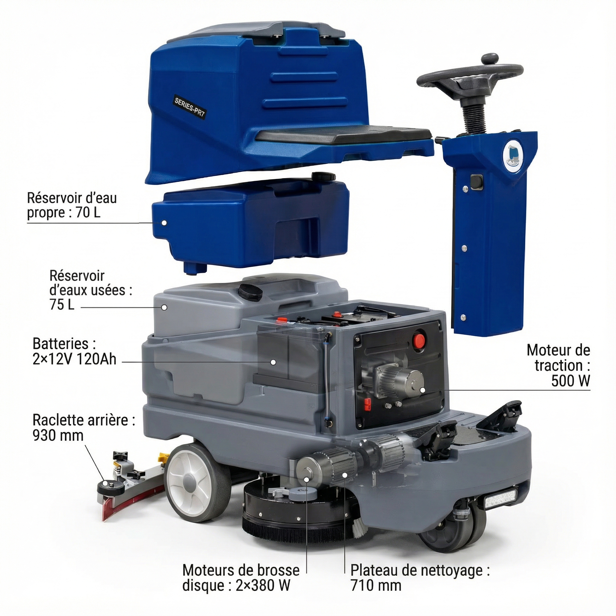 Autolaveuse Industrielle PR7 - Nettoyage 4000 m²/h - Double Brosse - Autonomie 3,5h